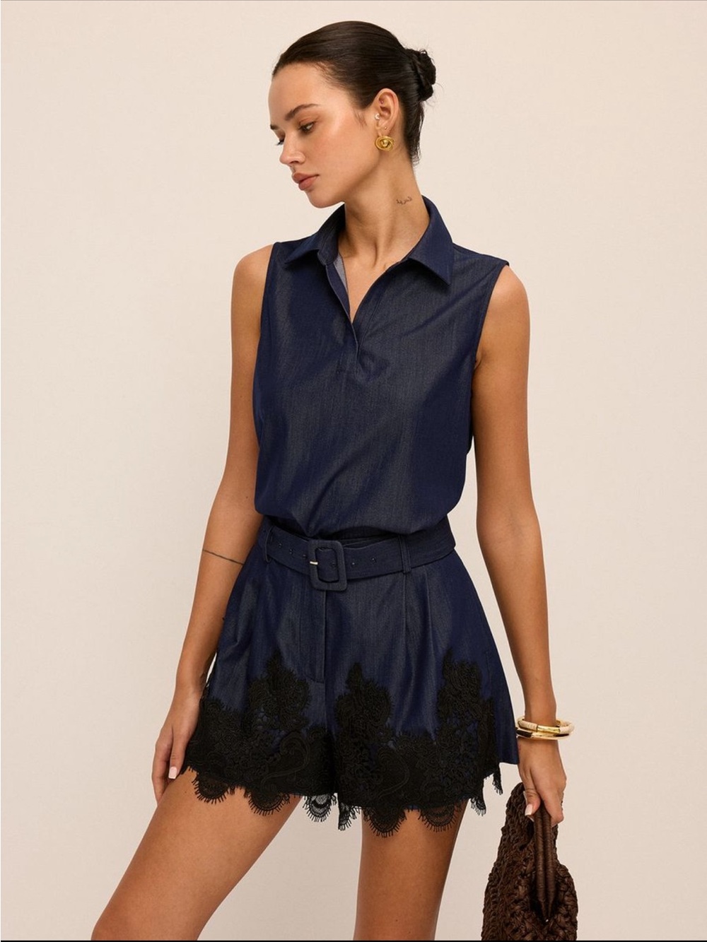 Commense Sleeveless Polo Top &  Black Lace-Hem Shorts Set